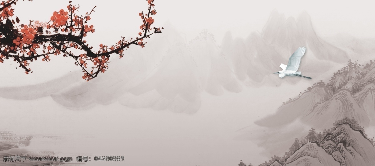 中国风 水墨背景 淡雅水墨 红梅花 云雾缭绕 中国风背景