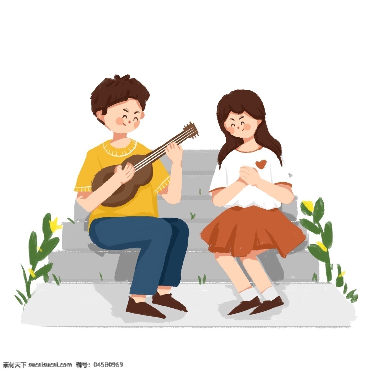 手绘 情人节 弹 吉他 插画 弹吉他的男孩 绿色的叶子 卡通插画 情人节快乐 白色的石阶