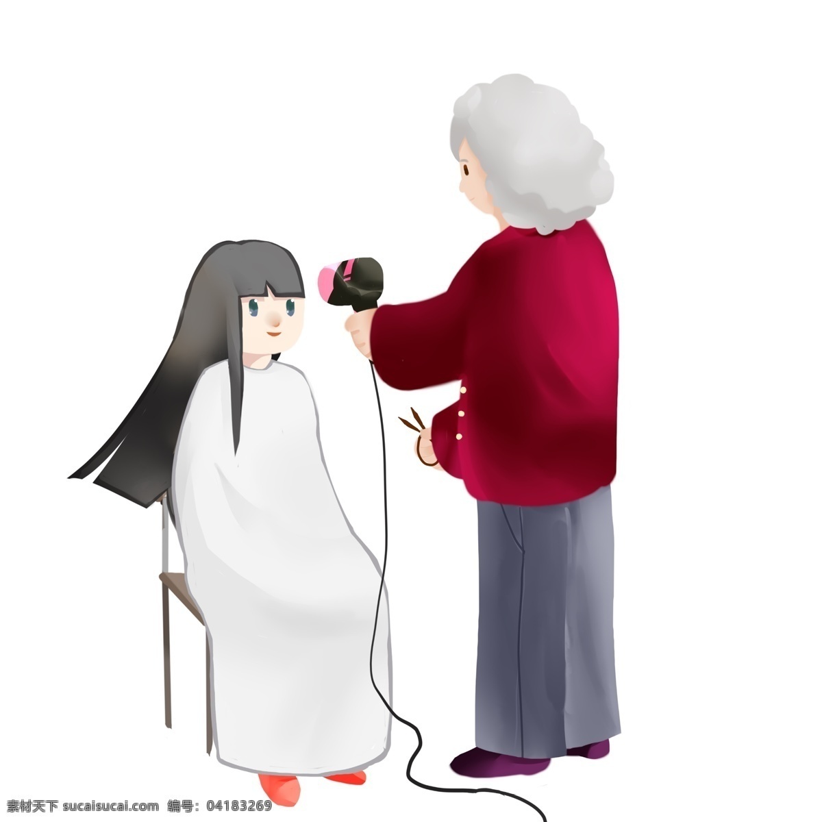 二月 二 吹 头发 女孩 二龙 抬头 插画 剪发的小女孩 黑色的吹风机 理发的老奶奶 黑色的电线 卡通人物