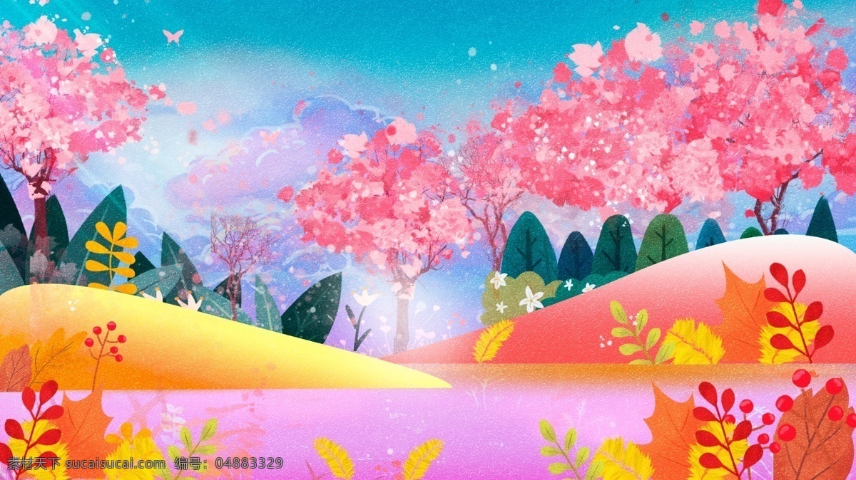 彩色 树木 花叶 山坡 卡通 背景