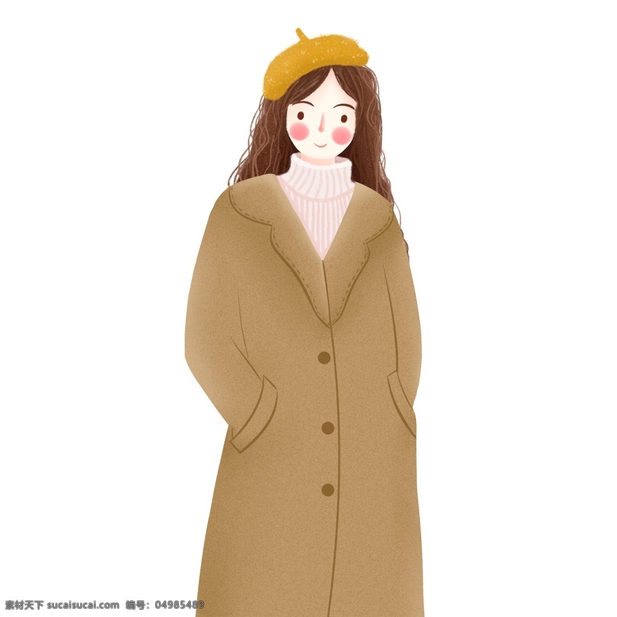 冬季 穿 驼色 大衣 女孩 商用 元素 卡通 简约 文艺 人物 手绘 女生 驼色大衣 时尚女人