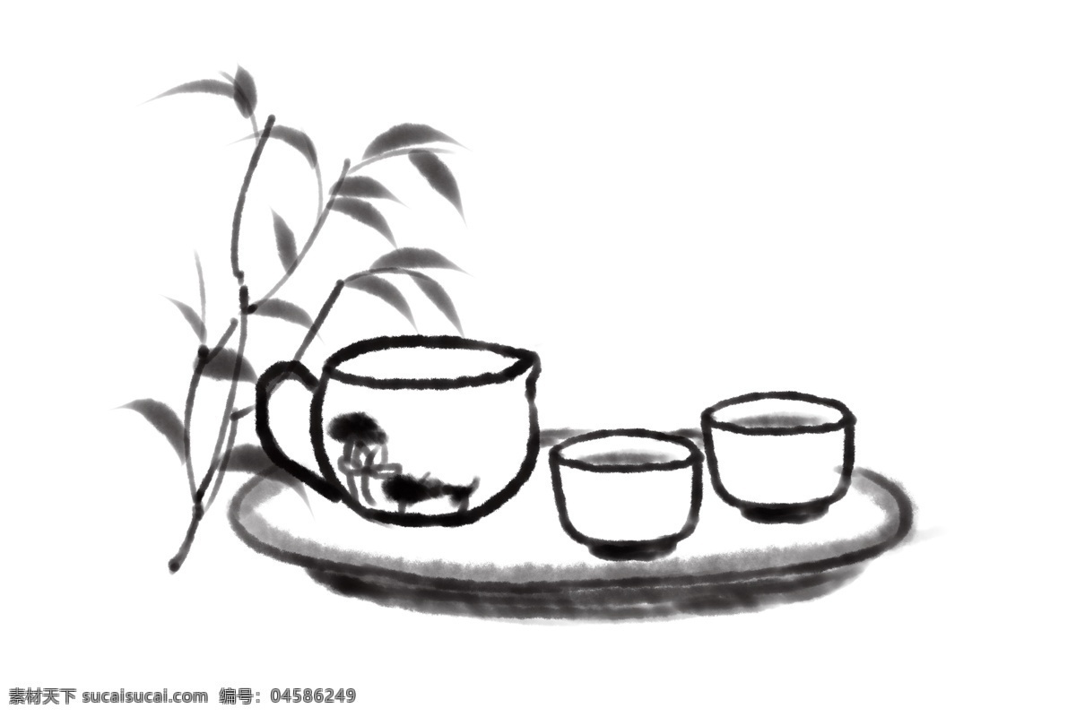 手绘 黑白 画 茶具 插画 黑白画 茶杯 茶壶 饮茶 托盘 水墨 淡墨 国画 茶叶 水墨茶壶 水墨茶杯 竹枝 竹叶 荷花
