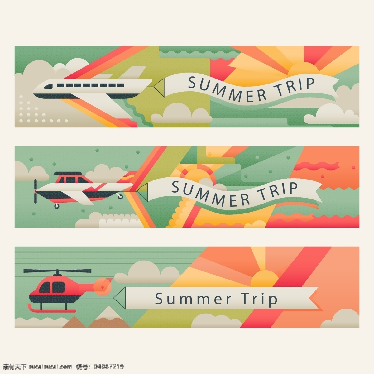 夏季 旅行 banner 飞机 天空 条幅 太阳 云朵 直升机 雪山 summer trip 矢量图 ai格式