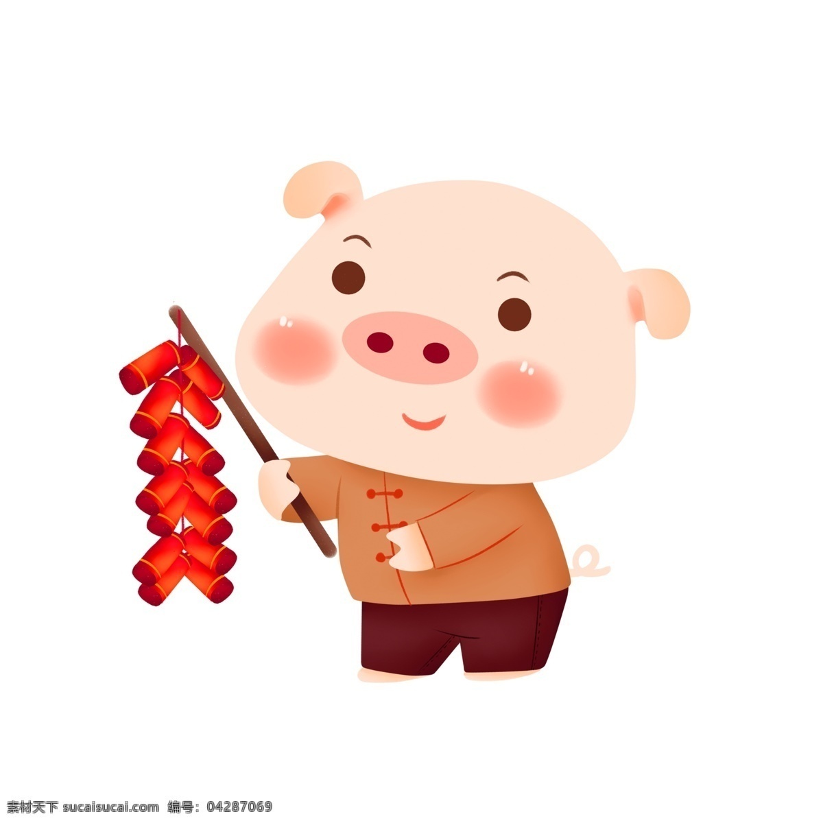 卡通 手绘 过年 串 鞭炮 猪 喜庆 中国风 人物 春节 放炮竹 小猪 猪年形象 新春