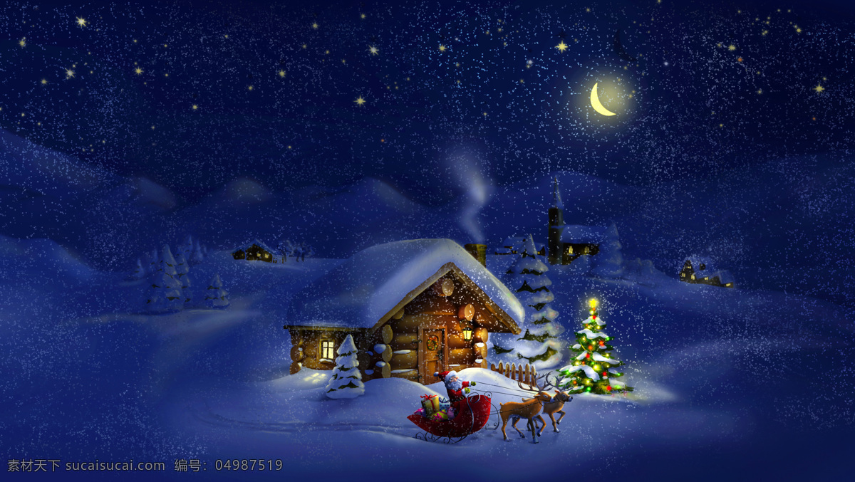 圣诞节雪景 圣诞老人 圣诞树 马车 房子 月光 星空 大雪 动漫动画 风景漫画