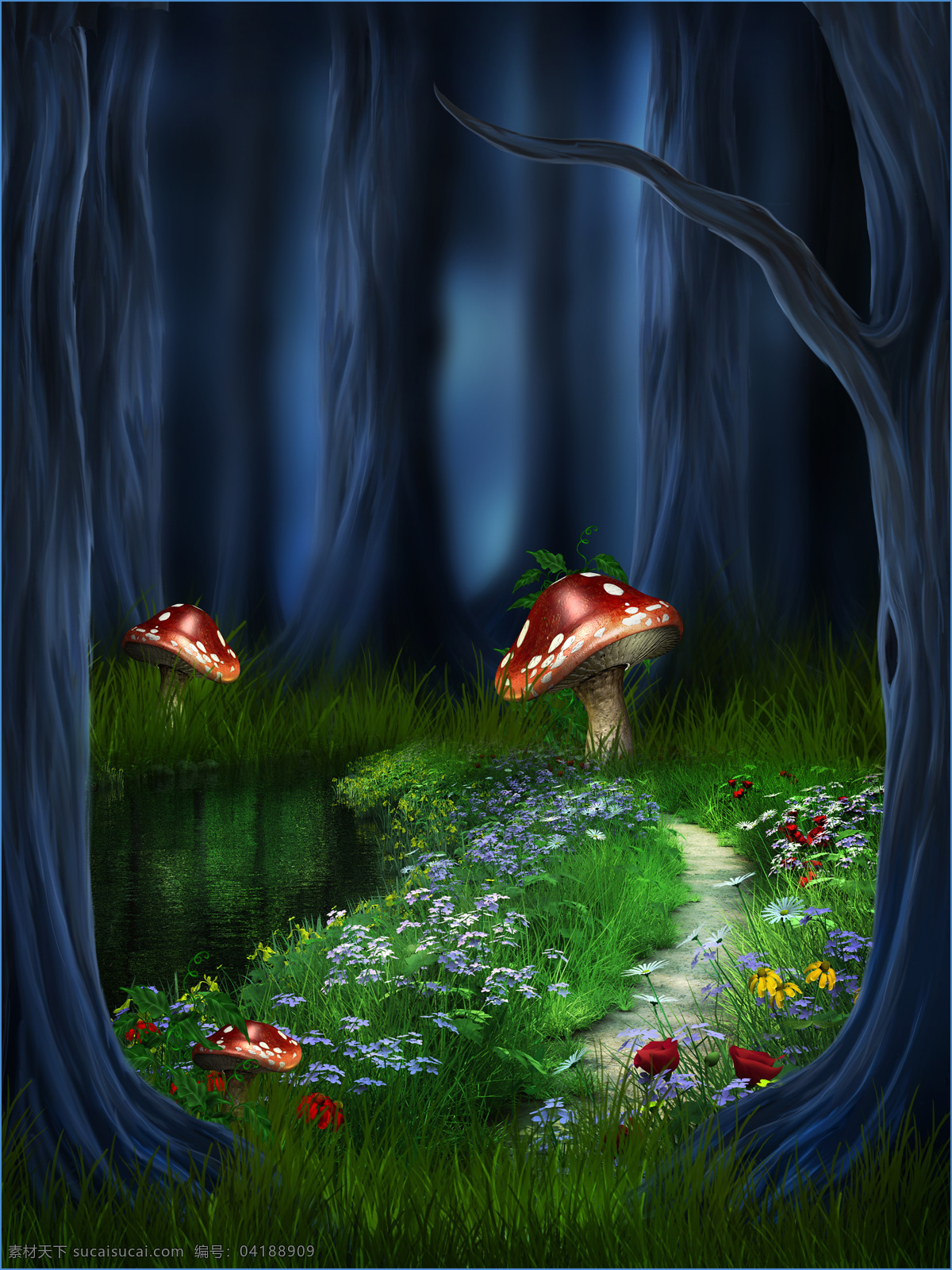 油画 夜色 蘑菇 风景 图 草地 灯光 花朵 树木 外景大图 夜色背景大图 梦幻油画图 背景图片