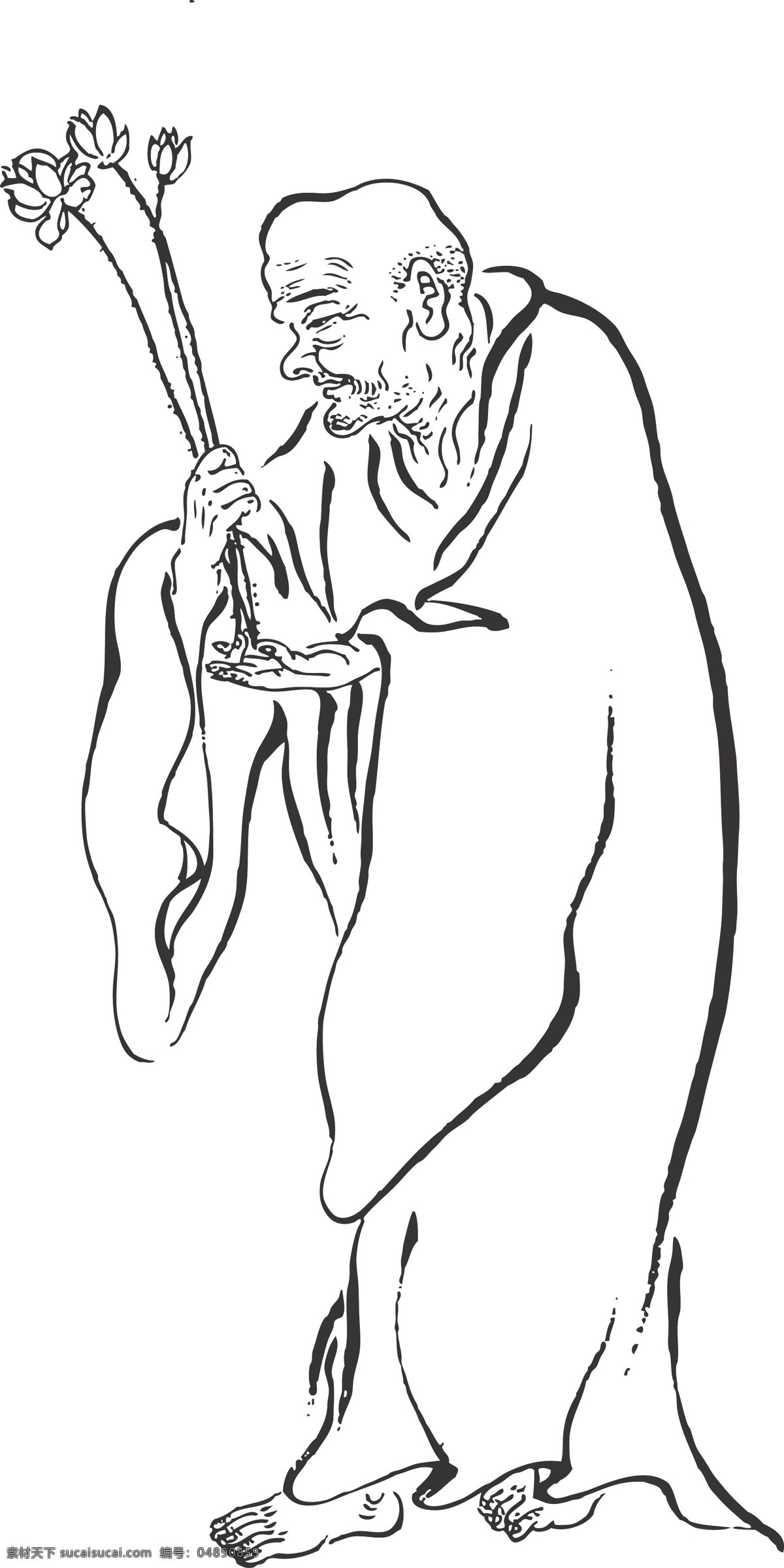 莲花罗汉 人物 手持罗汉 站立 线条 矢量 传统 民俗 装饰 插画 白描 罗汉白描图 文化艺术 宗教信仰
