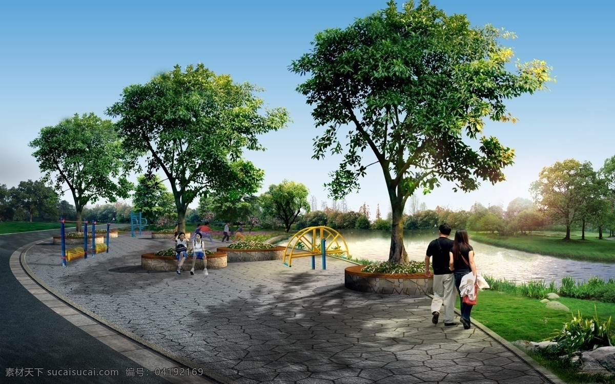 休闲广场 景观设计 人物 马路 河流 健身器材 鲜花 草地 树木 蓝色天空 环境设计