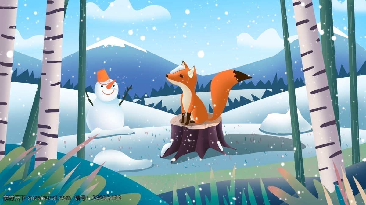 冬天 树桩 上 小 狐狸 冬季 雪人 雪花 阿狸 立冬 大雪 小雪
