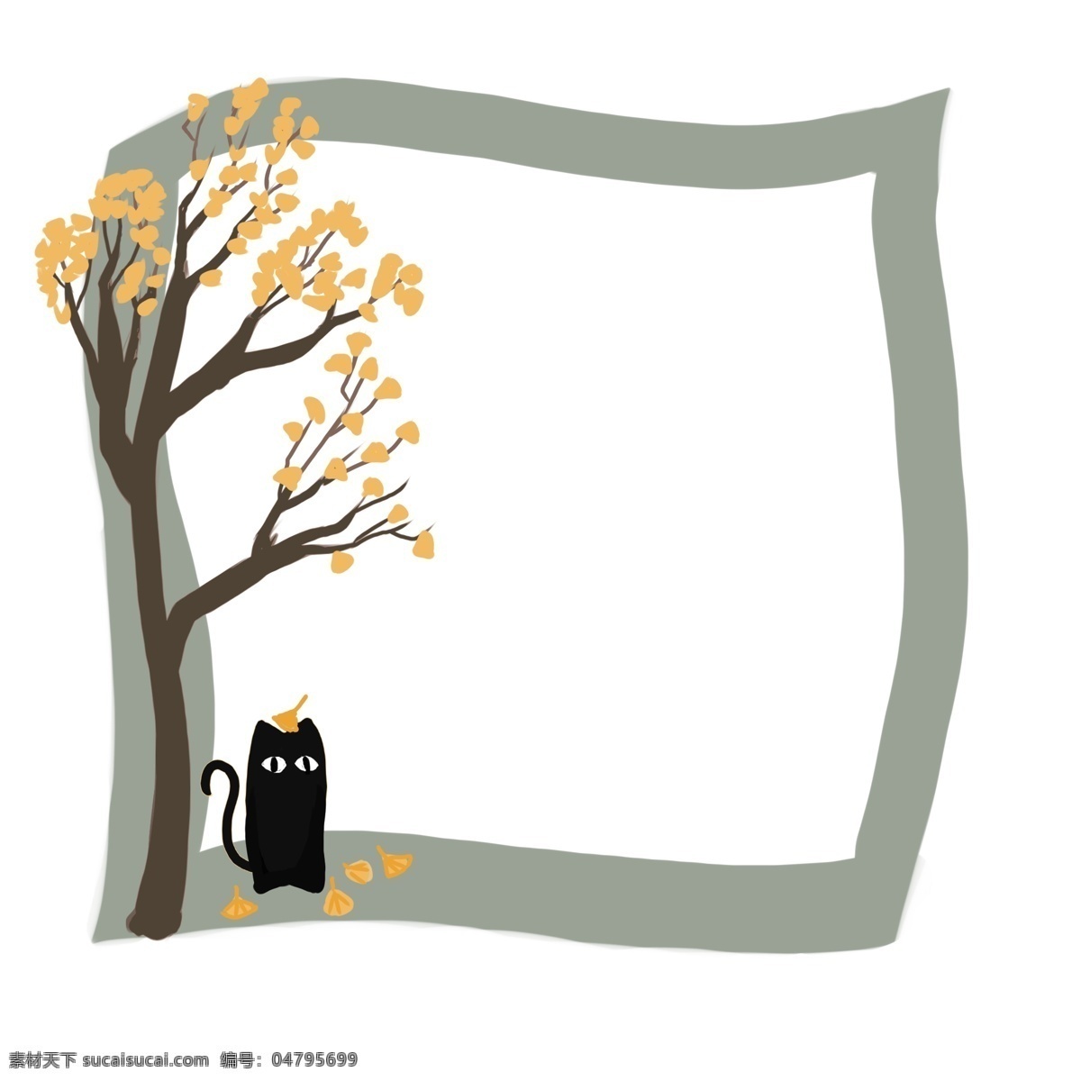 手绘 树木 边框 插画 黑色猫边框 卡通动物边框 手绘树木边框 边框插画 黄色叶子边框 灰色边框