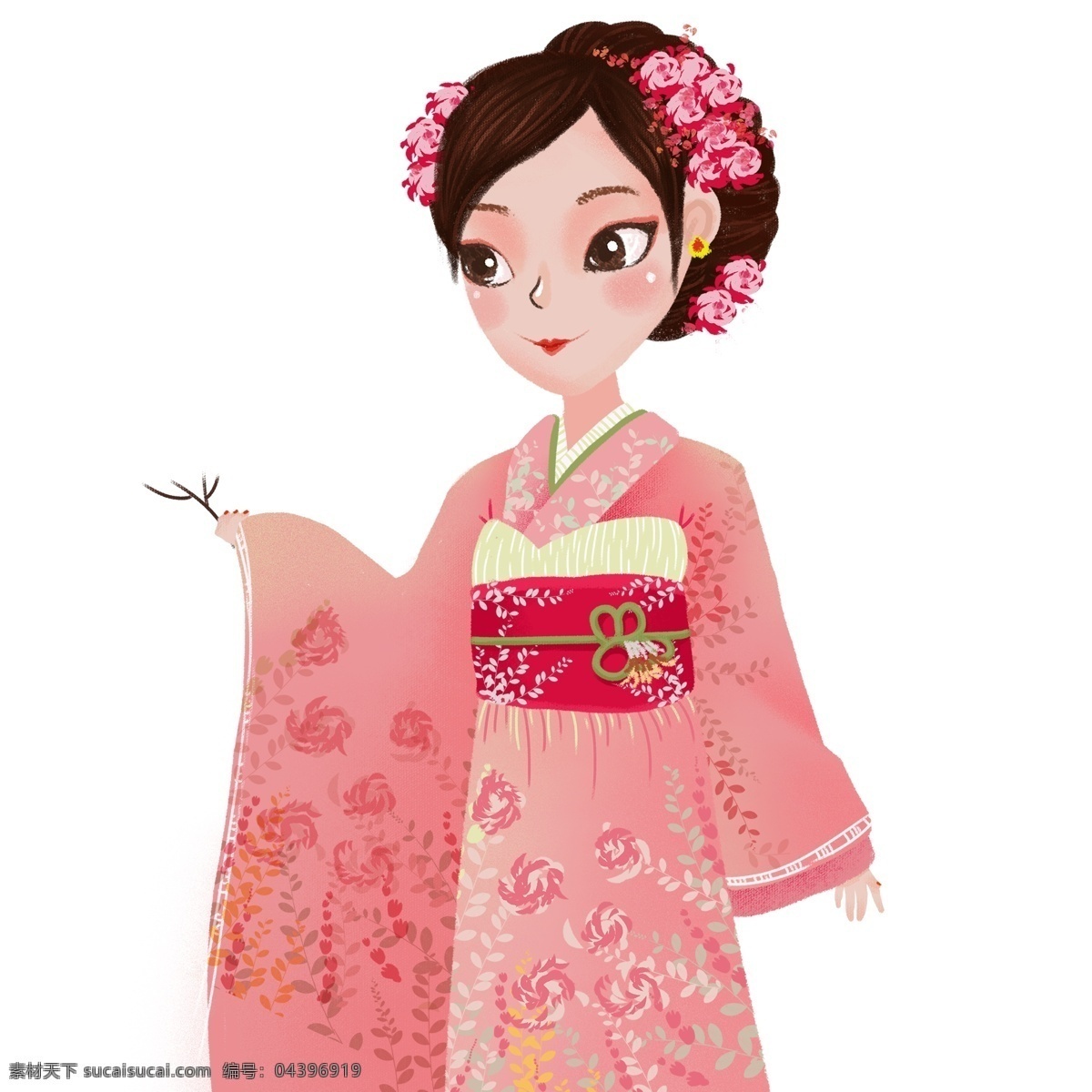 清新 手绘 穿 和服 日本 女人 插画 日本人 人物 樱花