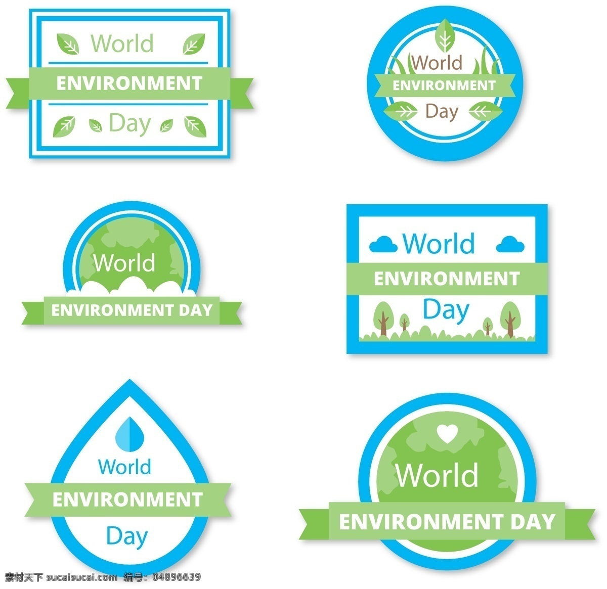 清新 英文 环境日 标签 绿色 蓝色 矢量素材 环境 世界