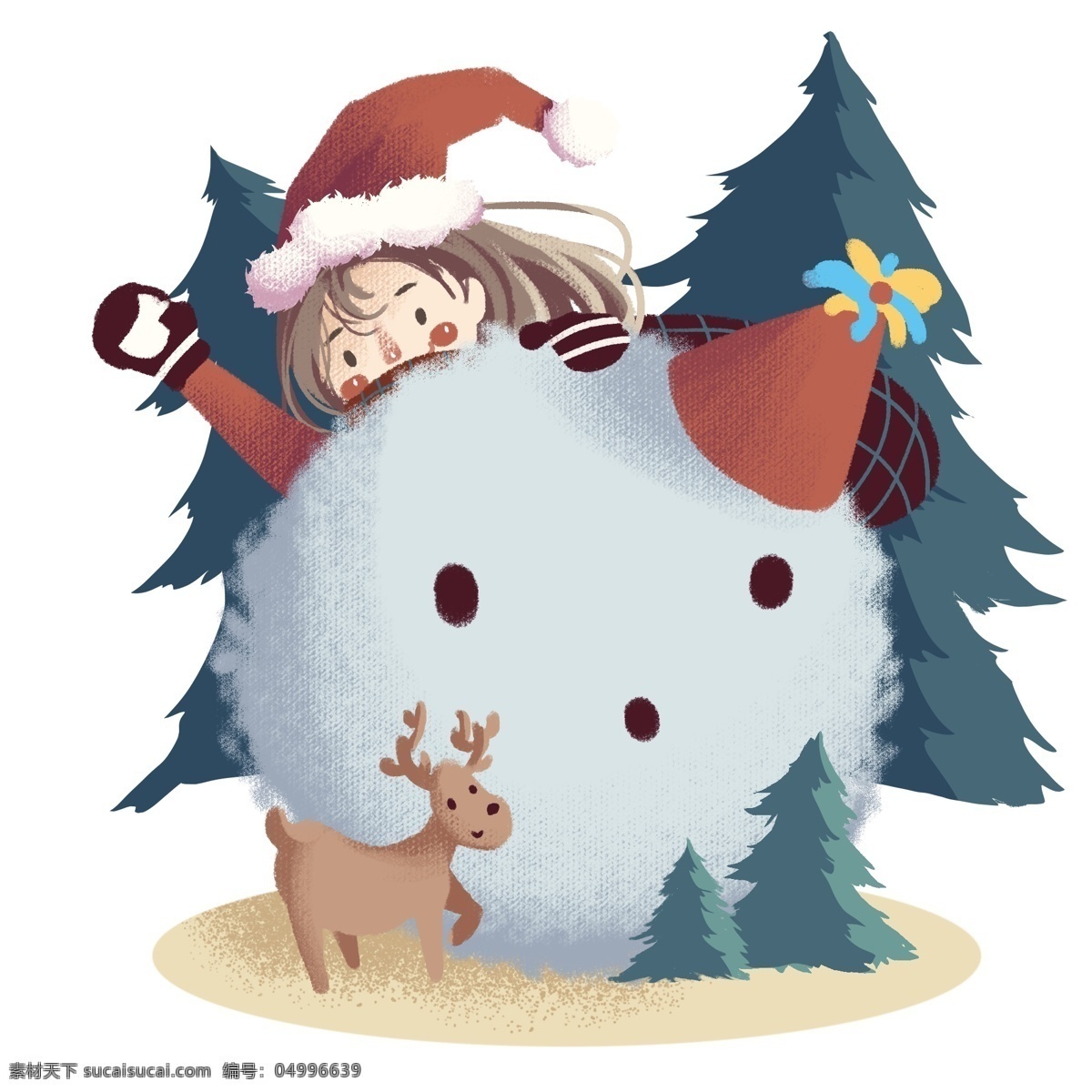 手绘 圣诞节 可爱 女孩 戴 圣诞 帽 大雪人 驯鹿 圣诞树 雪松 卡通 圣诞节场景