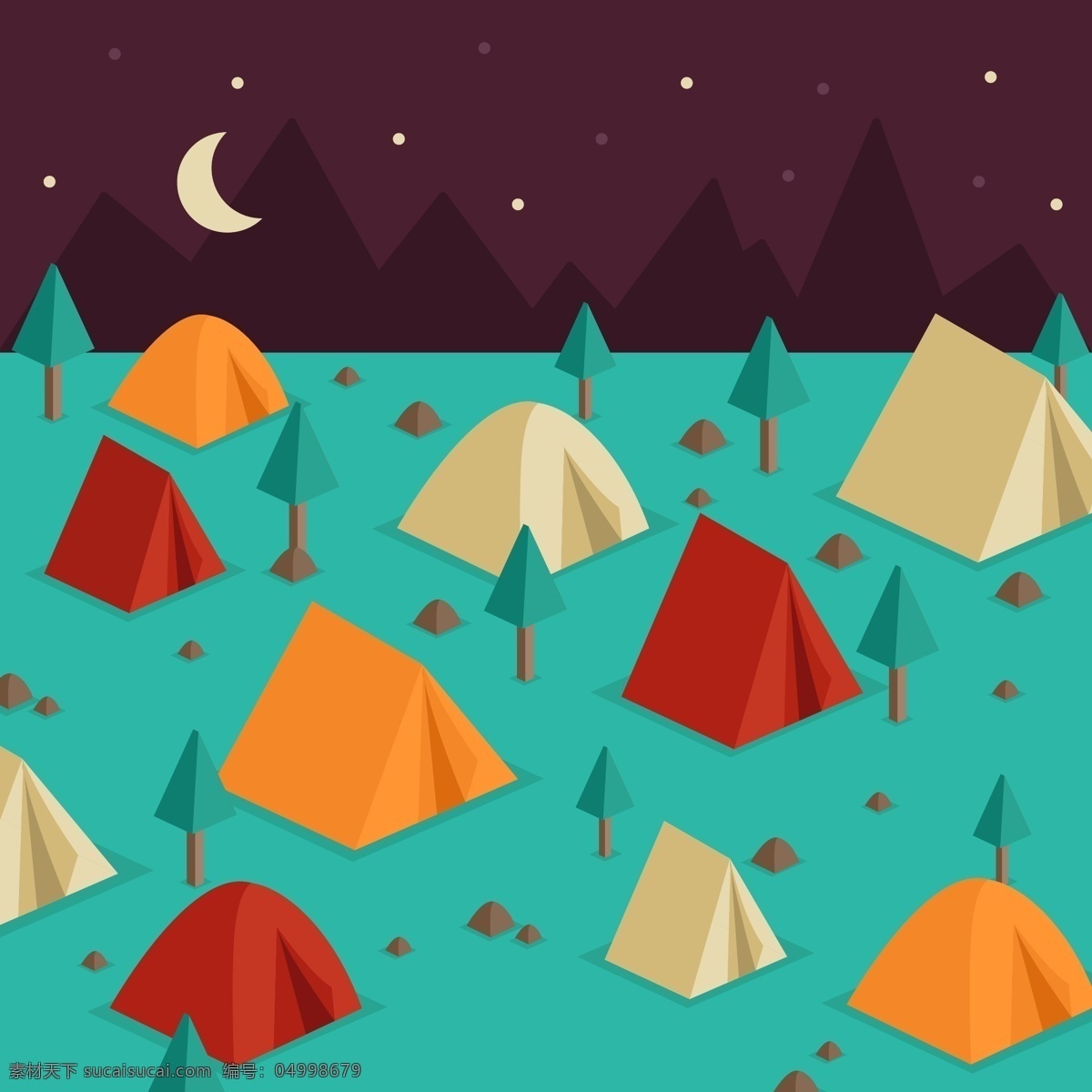 夜晚 野营地 多种 彩色 帐篷 矢量 星星 月亮 树木 夏季 野营 矢量图