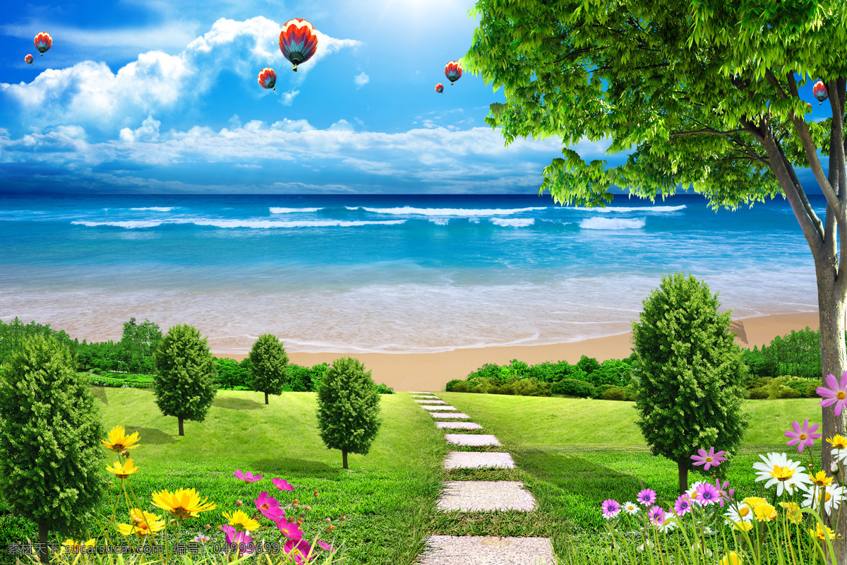 大海 绿草 风景图 阳光 沙滩 蓝天 白云 花 花卉 树木 草地