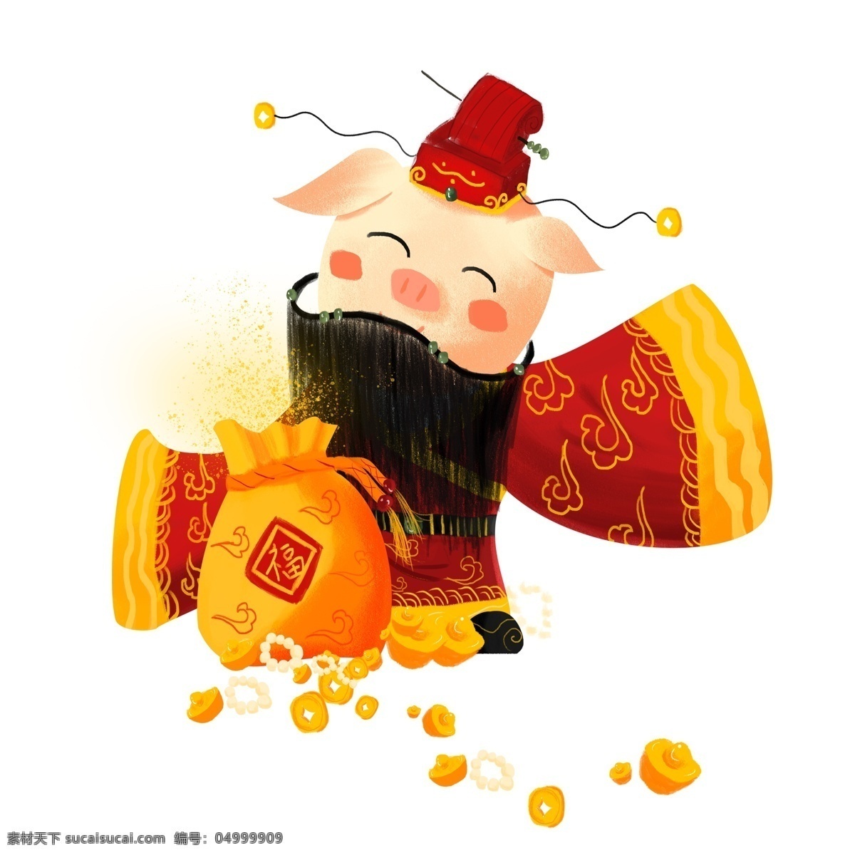 财神爷 中国 风 喜庆 卡通 春节 过年 插画 新年 猪年 2019年 小猪形象 猪年形象 财神猪 卡通小猪 金元宝 财源滚滚
