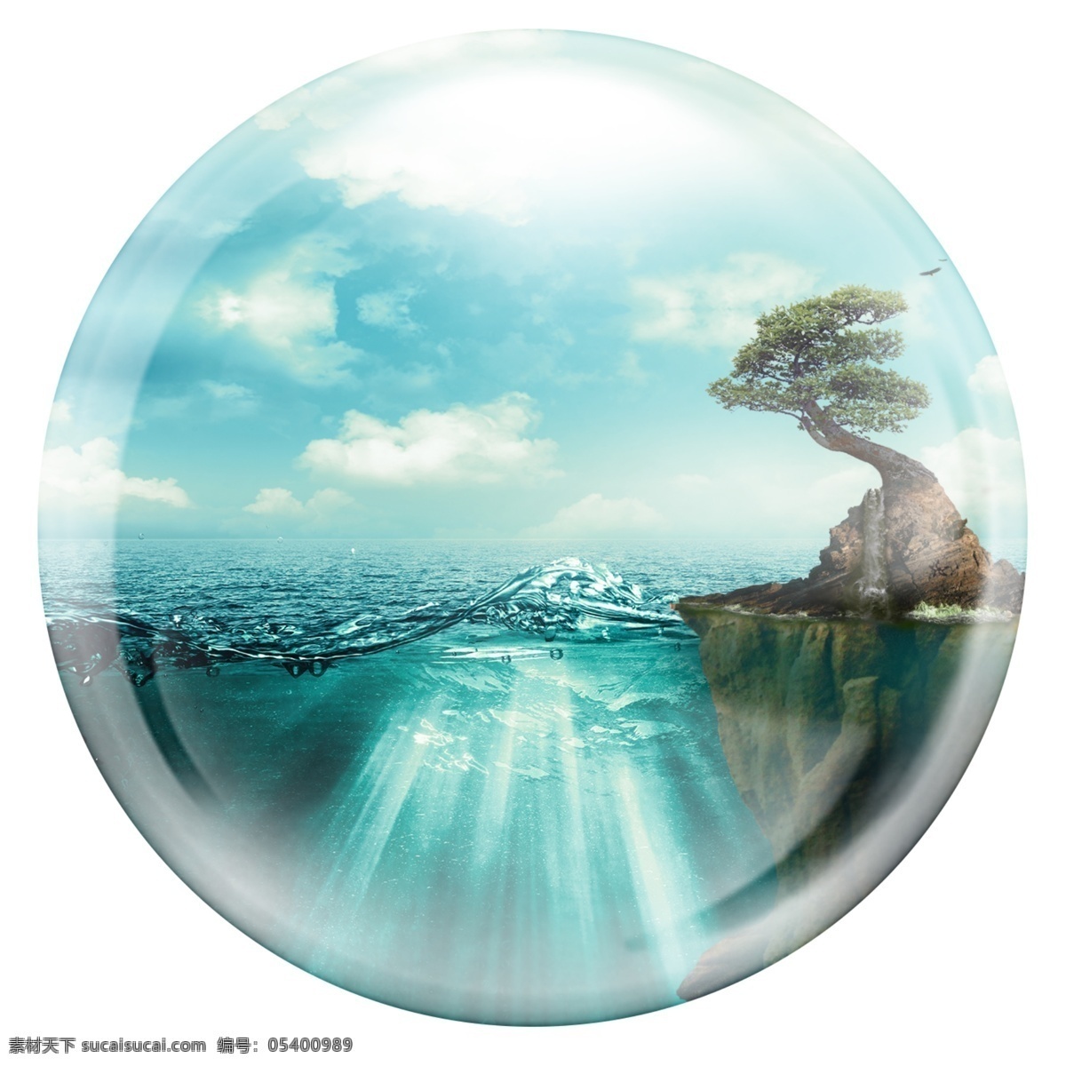 炫 酷 蓝色 球 包换 世界 海洋 玻璃球 大海 孤岛 球体 树