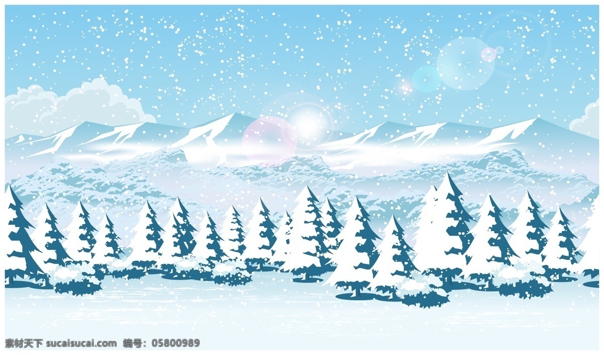 美丽 松 树林 场景 插画 风景 冬天 下雪 松树 树木 雪花