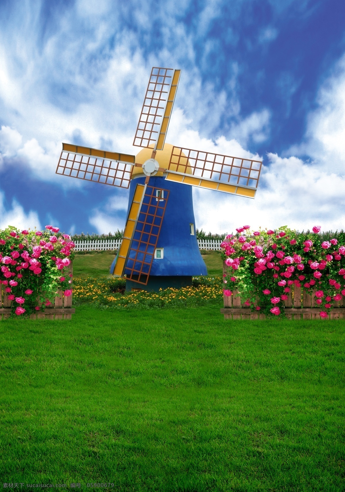 荷兰风车 风车 栅栏 玫瑰 草地 蓝天白云 美丽风景 广告设计模板 源文件