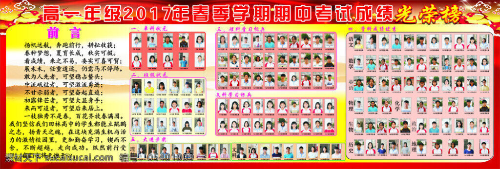 学生光荣榜 光荣榜 高一 年级 2017 年 春季 学期 期中 考试 成绩