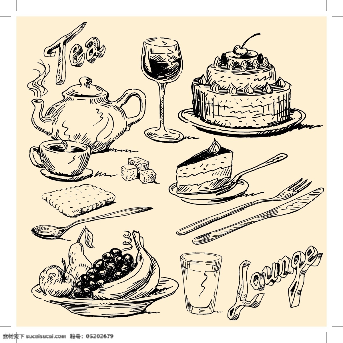 欧式手绘食物 手绘 蛋糕 线描 红酒 水果 杯子 饼干 生活百科 餐饮美食
