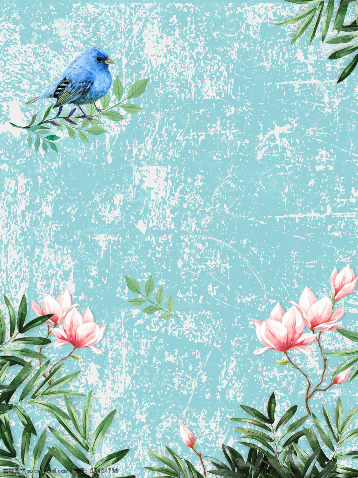 手绘 卡通 蓝色 夏天 背景 叶子 花朵 促销 鸟儿 扁平