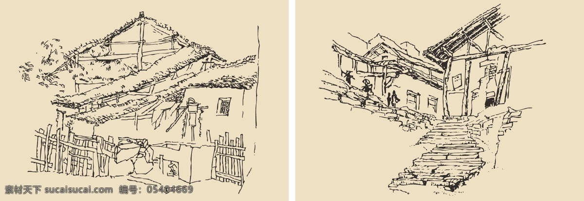 钢笔速写画 钢笔画 速写 素描 手绘 线描 风景 房屋 建筑 古镇 美术绘画 文化艺术 矢量