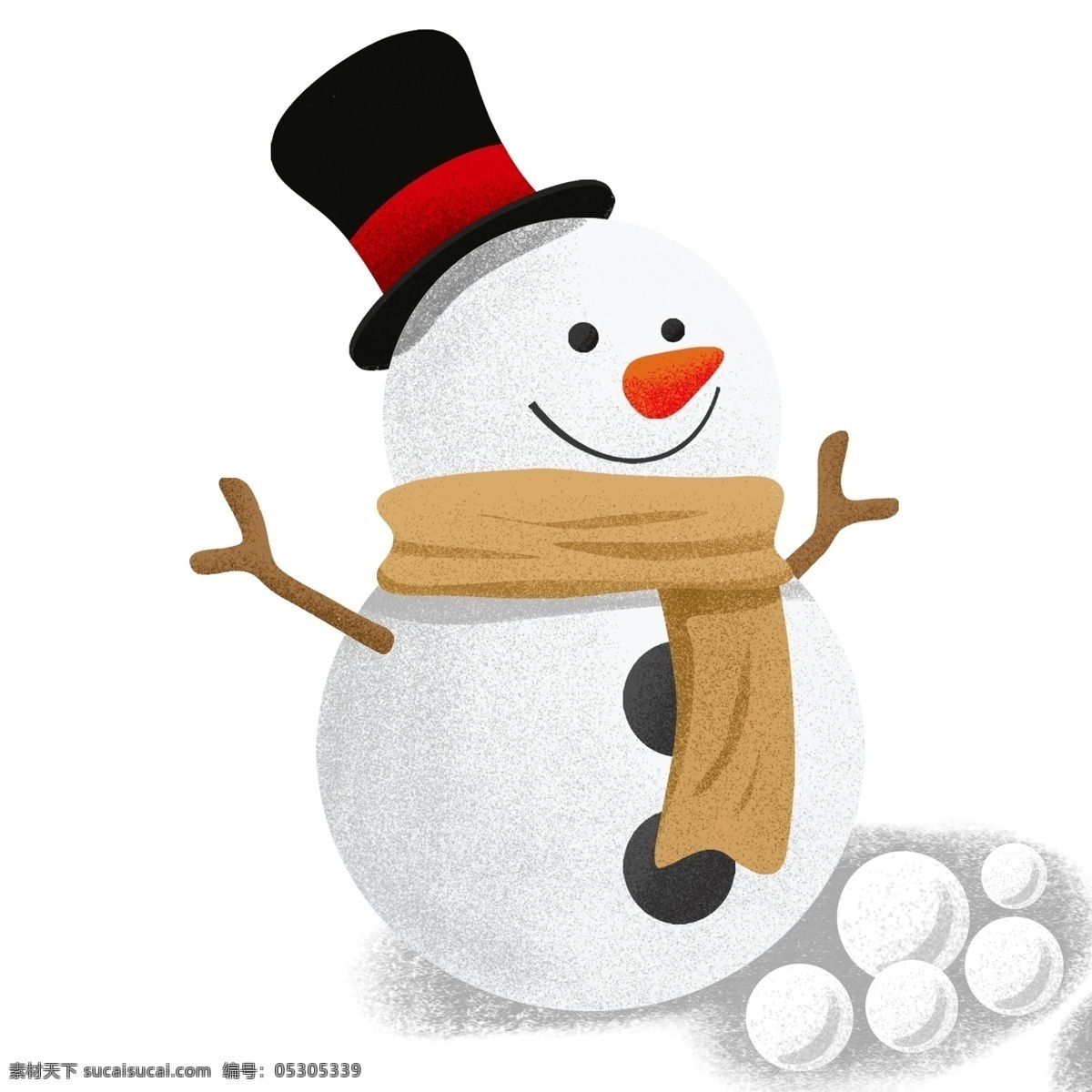 彩绘 写实 肌理 雪人 商用 元素 插画 冬季 帽子 复古写实 手绘 雪球 围巾 树杈