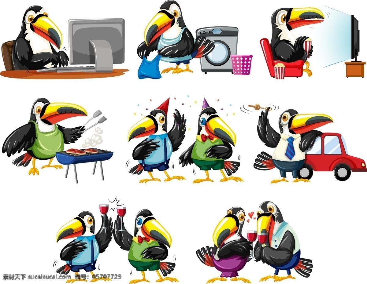 巨 嘴 鸟 做 日常 行动 动物 颜色 电视 烹饪 工作 洗涤 收藏 设置 着色 巨嘴鸟 看 有色 聚会