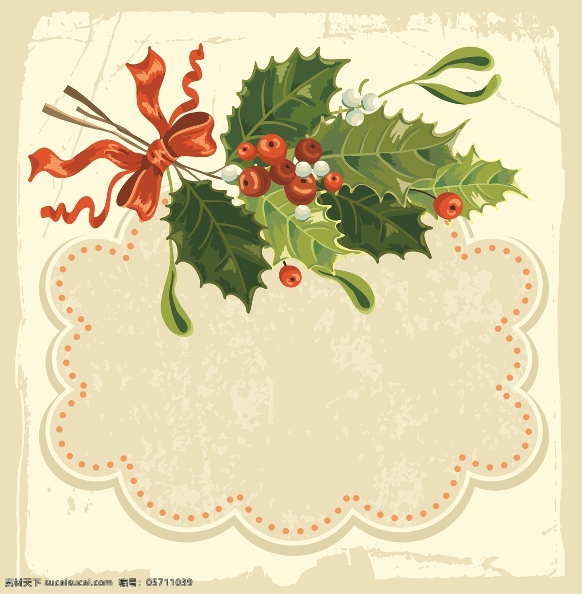 圣诞节 卡片 背景 矢量 边框 蝴蝶结 绿叶 模板 墨迹 设计稿 丝带 红果子 节日大全 源文件 节日素材