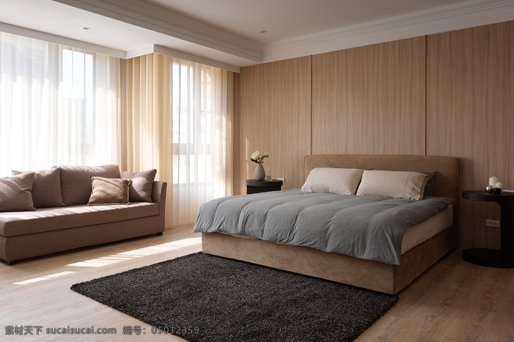简约 卧室 灰色 地毯 装修 效果图 窗户 床铺 方形吊顶 灰色地板砖 飘窗
