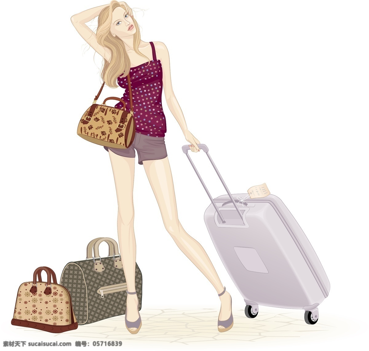 夏日 度假 女郎 eps格式 彩绘 插画 旅行 旅行箱 女子 矢量图 夏季 矢量 矢量人物