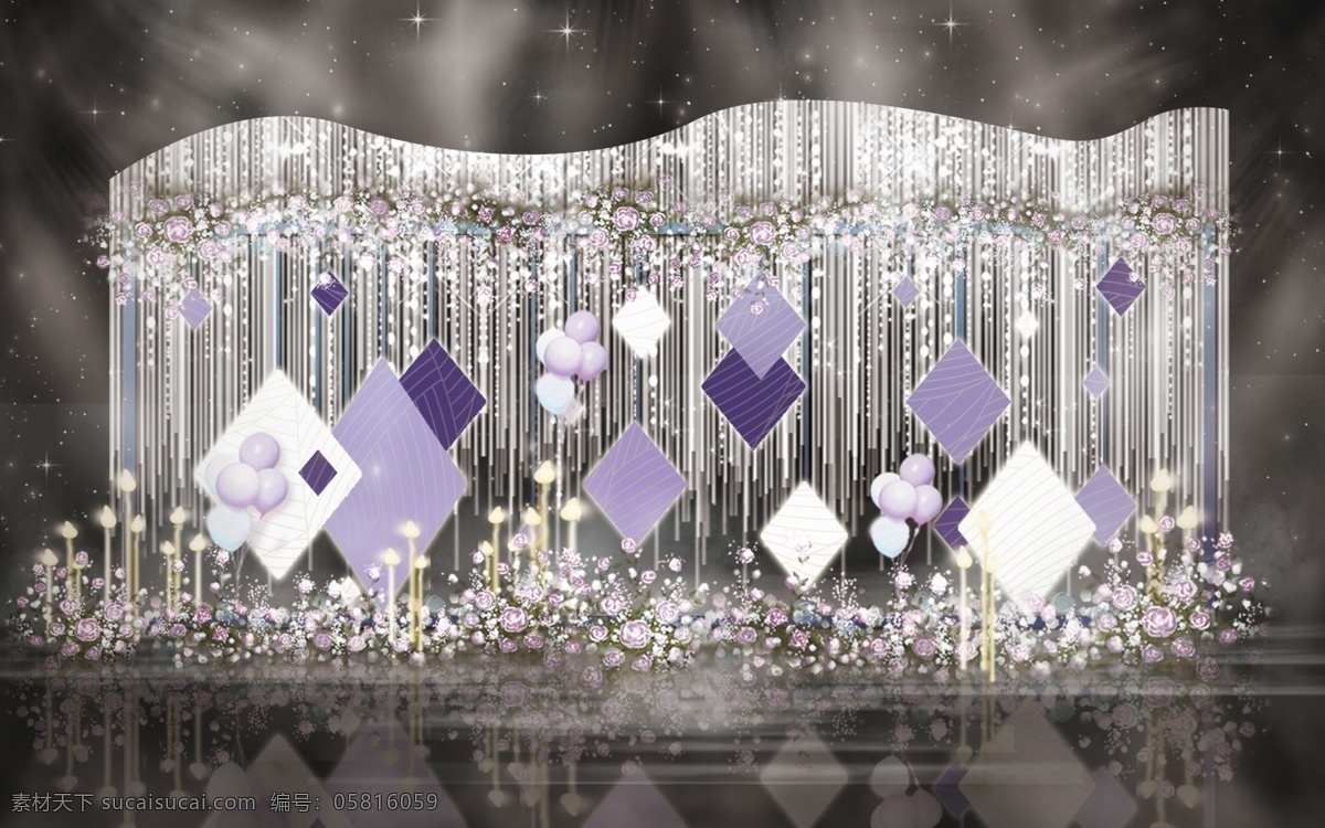 线条 简约 紫色 大气 婚礼 迎宾 工装 效果图 浪漫 灯 线条感 菱形 花艺