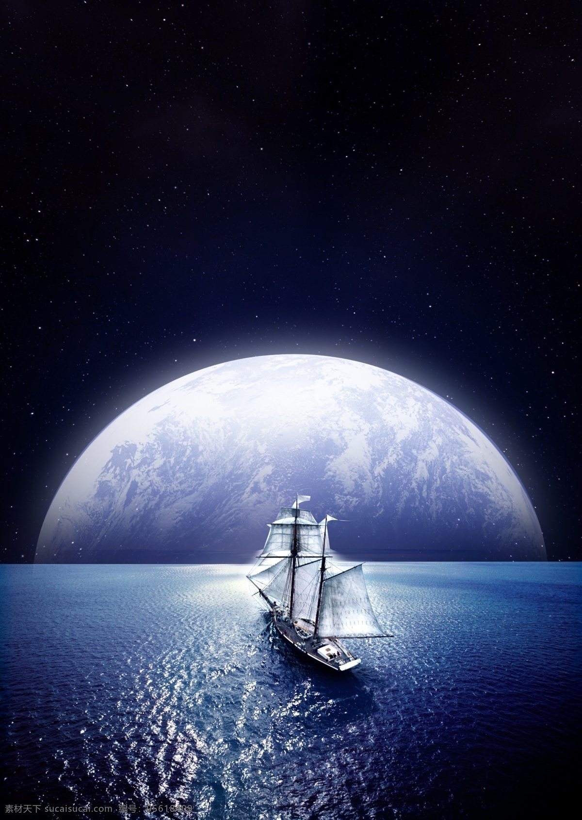 驶向 月亮 船 背景图片 大海 帆船 高清图 psd源文件