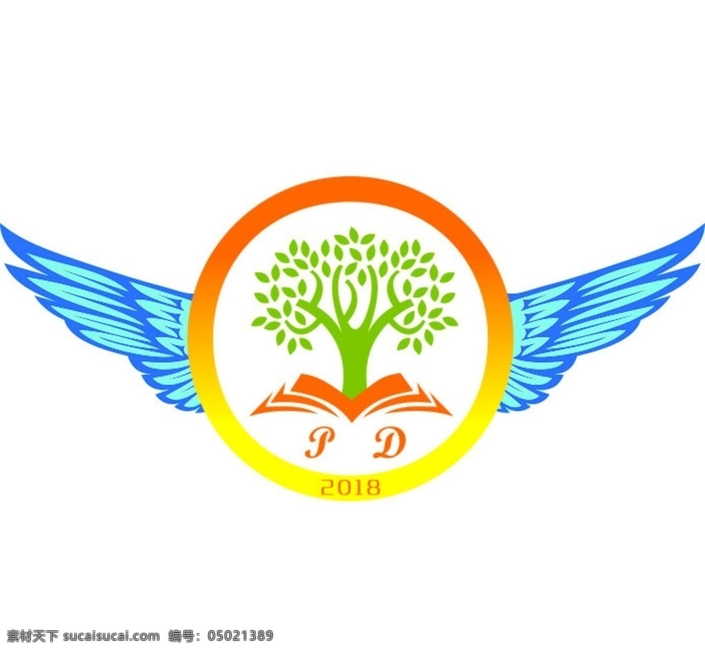 logo 班徽 翅膀 树 书 蓝色 橙色 绿色 班级 2018 英文 p d 屏东 中学 招贴设计