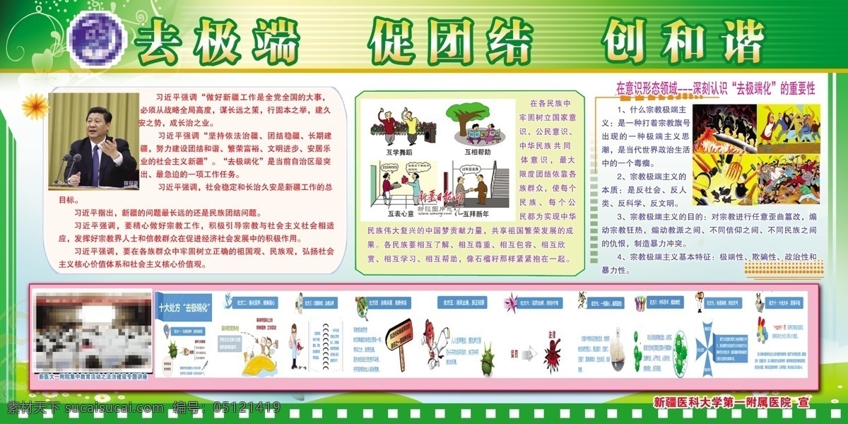 去极端化 邪教 创和谐 绿色底色 照片展板 板报 非合层 文字通用 展板模板