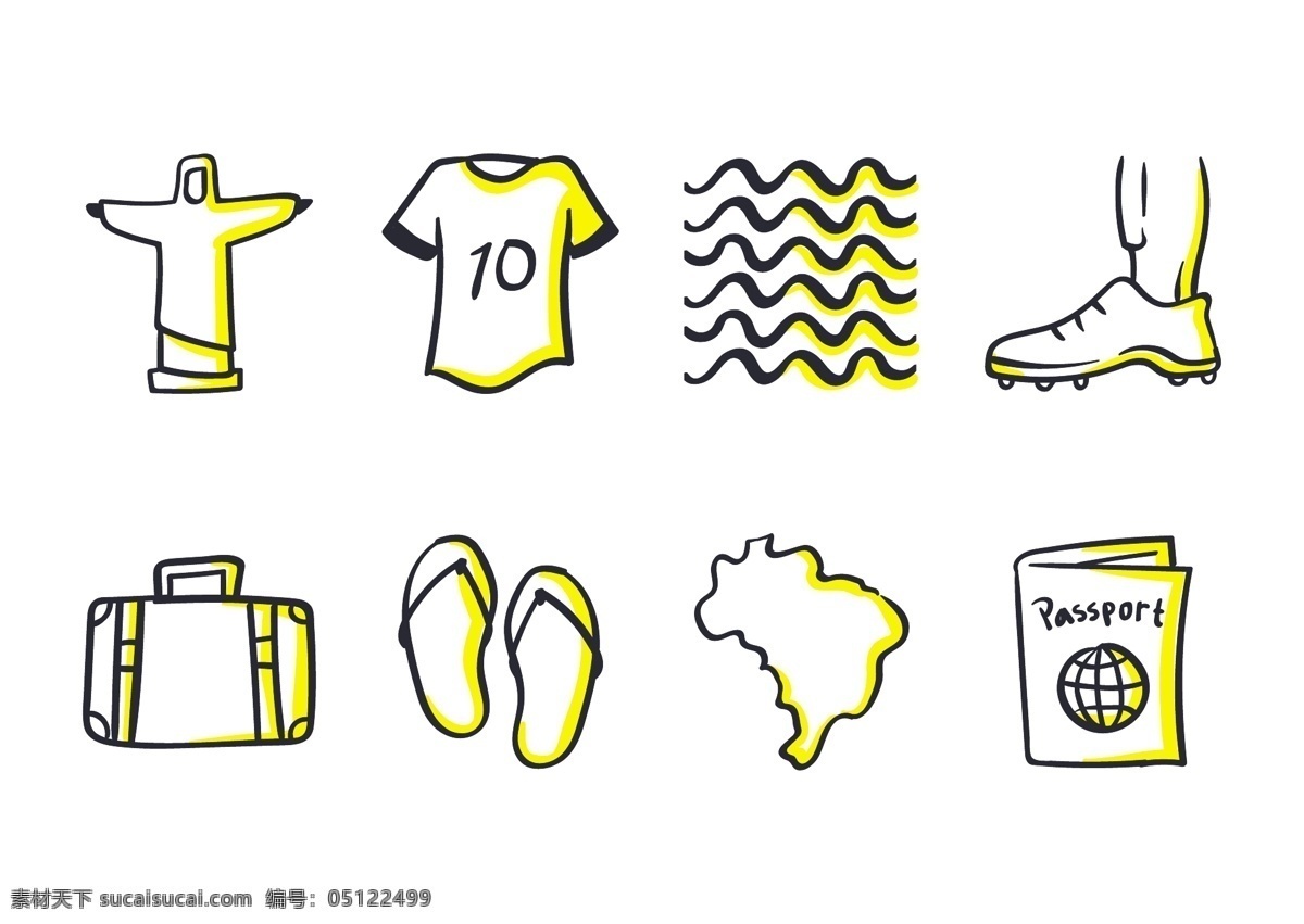 巴西 度假 涂鸦 图标 假涂icon 图标设计 图标icon 球衣 球鞋 鞋子 行李 地图
