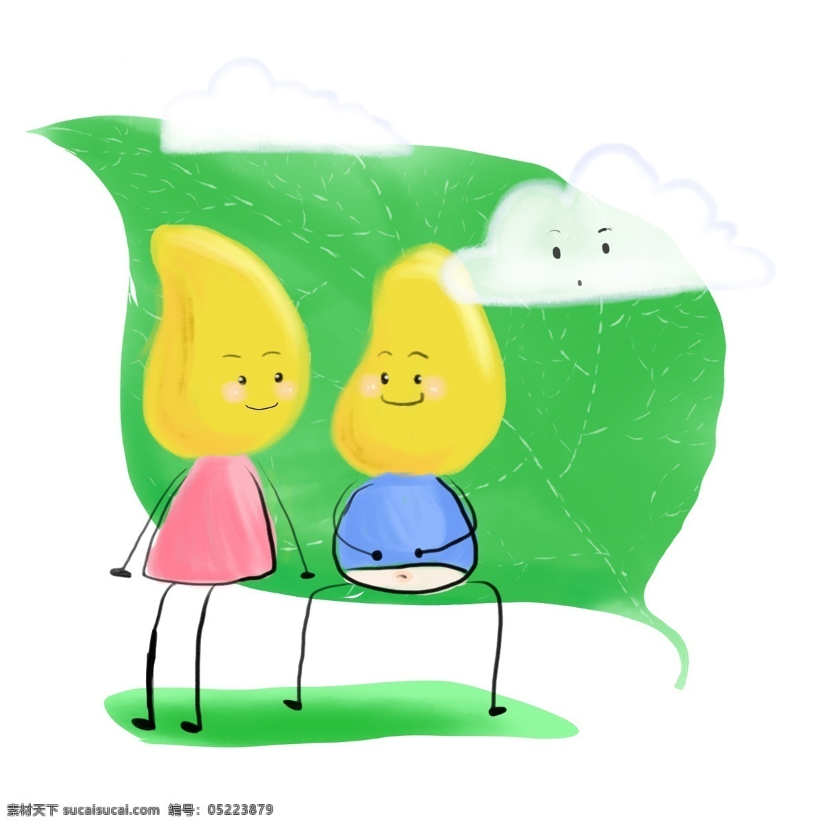 芒果 水果 笑脸 多云 绿叶 春天 卡通 可爱 黄色 图案 水果笑脸 多云天气 绿色 卡通可爱 图案元素