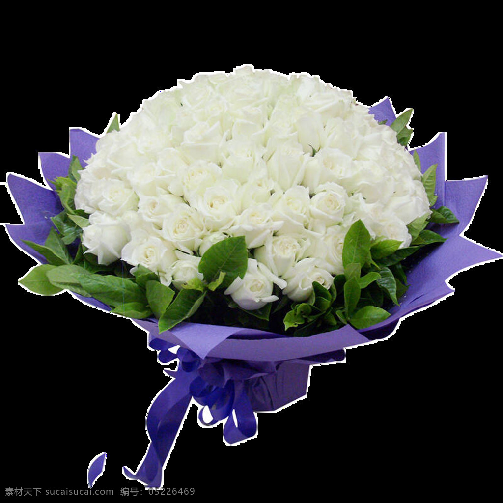 清新 白色 花朵 花束 实物 元素 白色花束 花艺 绿叶 紫色包装