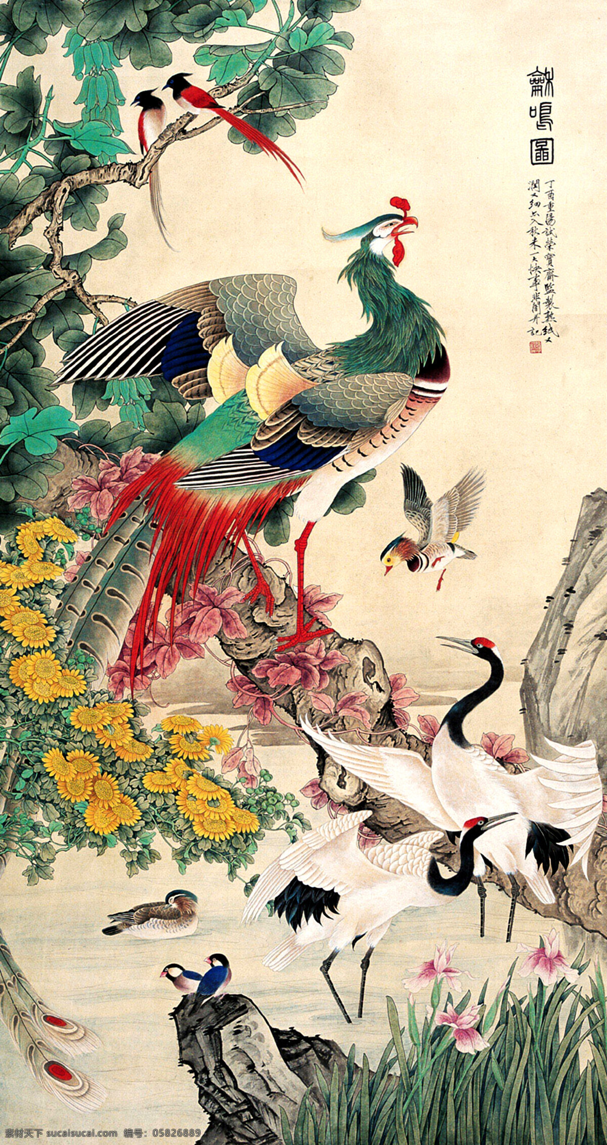 和鸣图 美术 中国画 花鸟画 凤凰 白鹤 鸳鸯 红鹊 水仙 菊花 梧桐 国画艺术 绘画书法 文化艺术