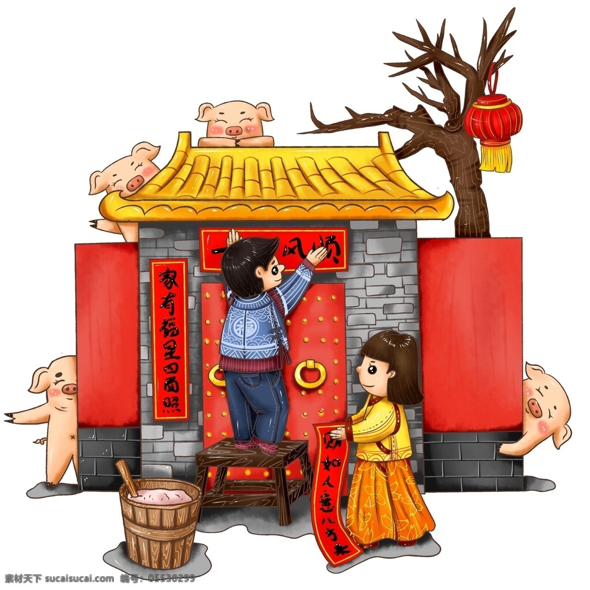 原创 手绘 民宅 灯笼 对联 猪 形象 贴 春联 元素 中国风 人物 海报素材 插画 贴对联 猪形象 猪年 男孩 女孩