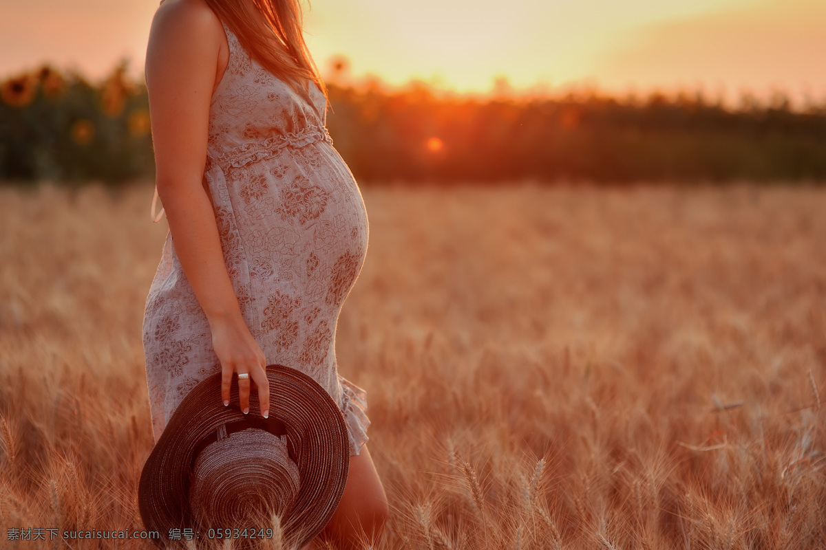 夕阳 下 走 草地 上 孕妇 怀孕 准妈妈 胎教 母爱 母性 女人 美女图片 人物图片