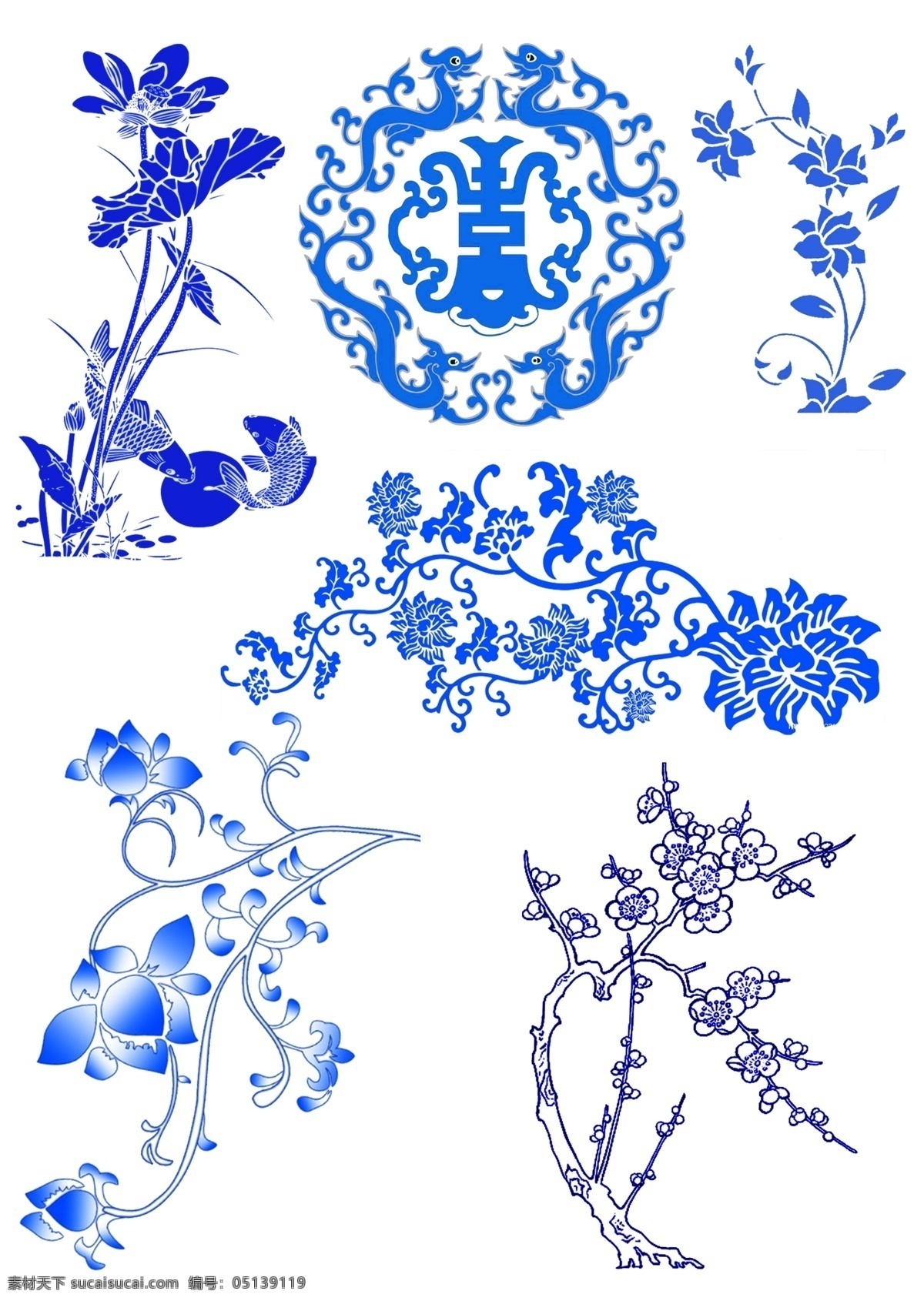花朵 荷花 青花瓷 中国风 分层素材 底纹边框 其他素材 白色