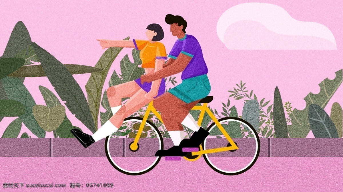 爱情 单车 男女 插画 粉红 叶子 情侣 场景 情感