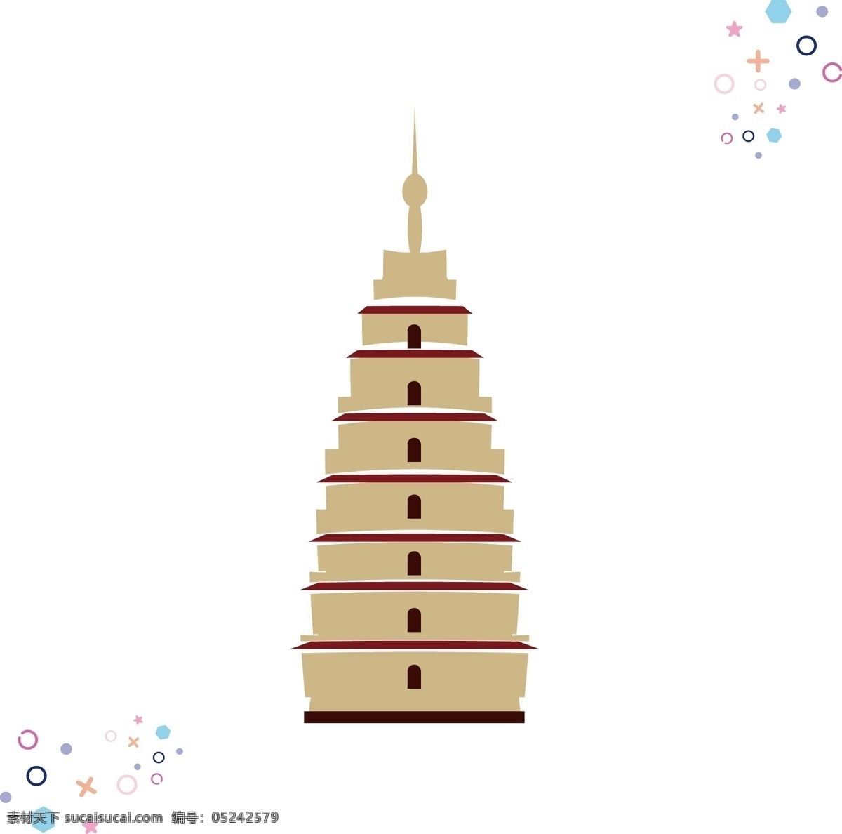 中国 古代建筑 矢量 手绘 元素 背景 套 图 扁平 中国风 古建筑 装饰图案 宝塔