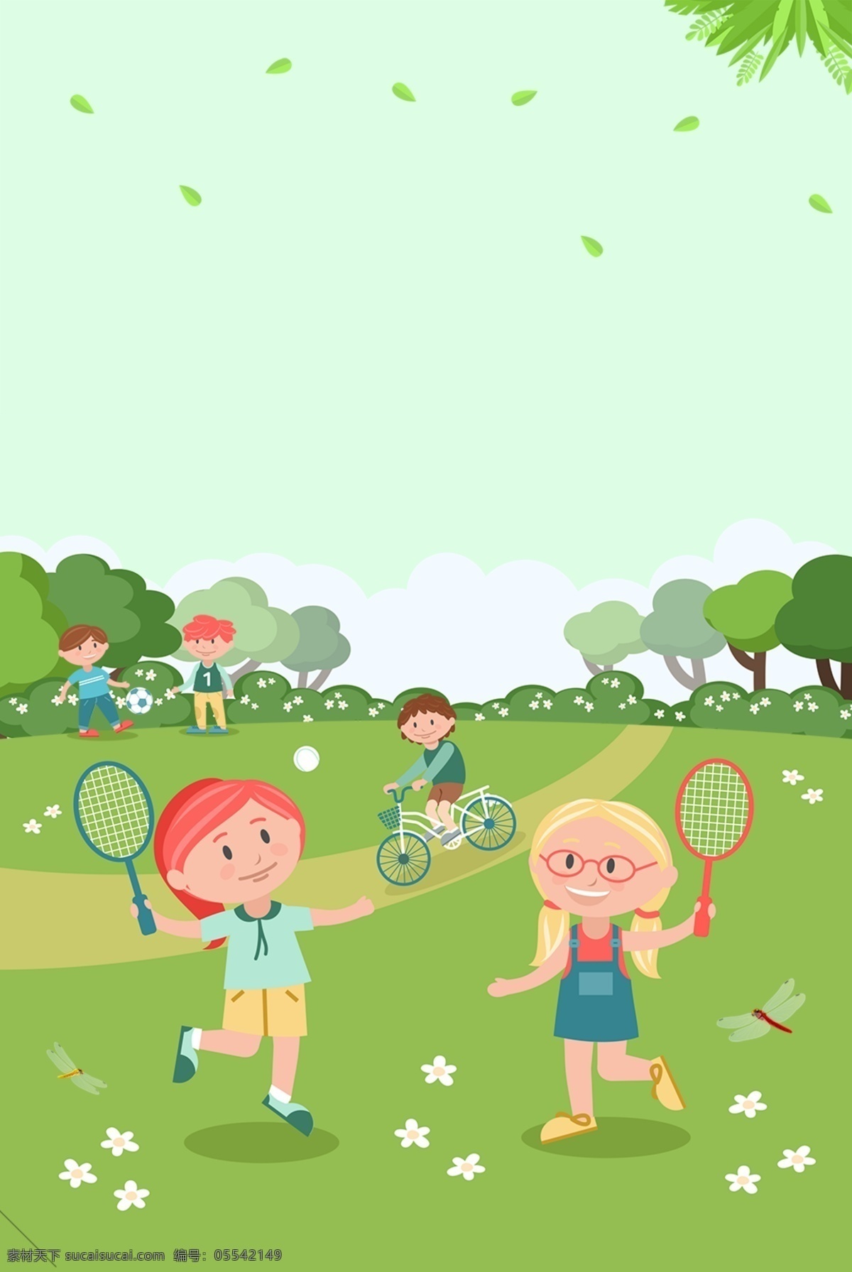 手绘 卡通 绿色 春天 踏青 背景 树木 花朵 郊游 儿童 玩耍 骑车 羽毛球 落叶