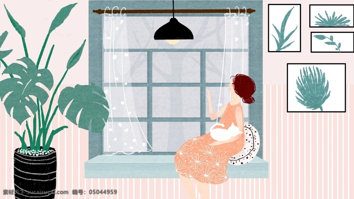 原创 小 清新 看着 窗外 女孩 小清新 猫 居家 壁纸 抱着猫的女孩 配图 背景