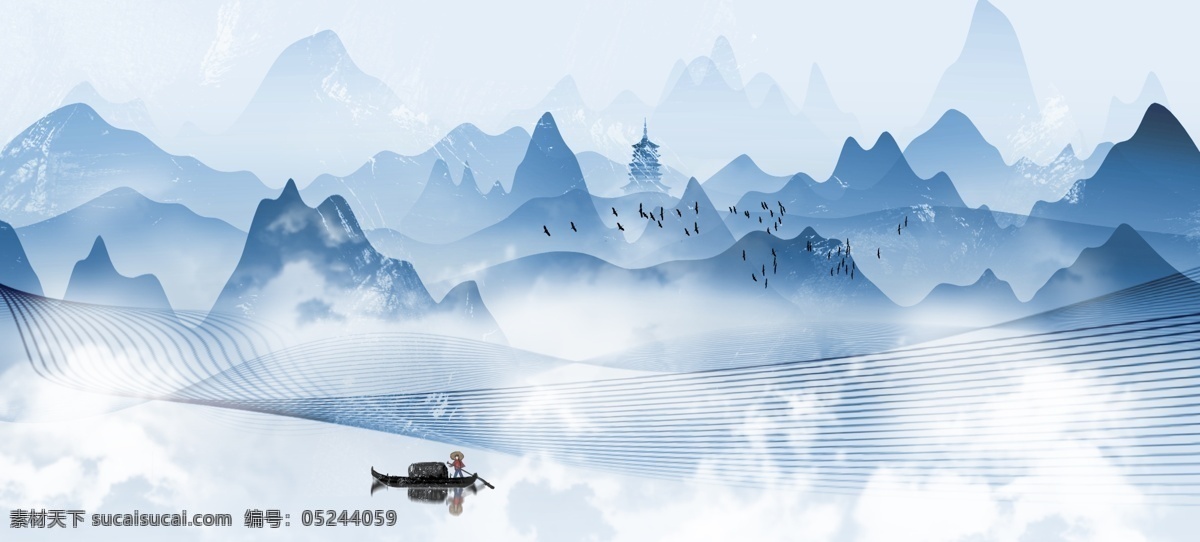 水墨山水 24节气 春季 蓝色山水 节气 背景素材 插画 装饰画 背景 墙 分层 风景