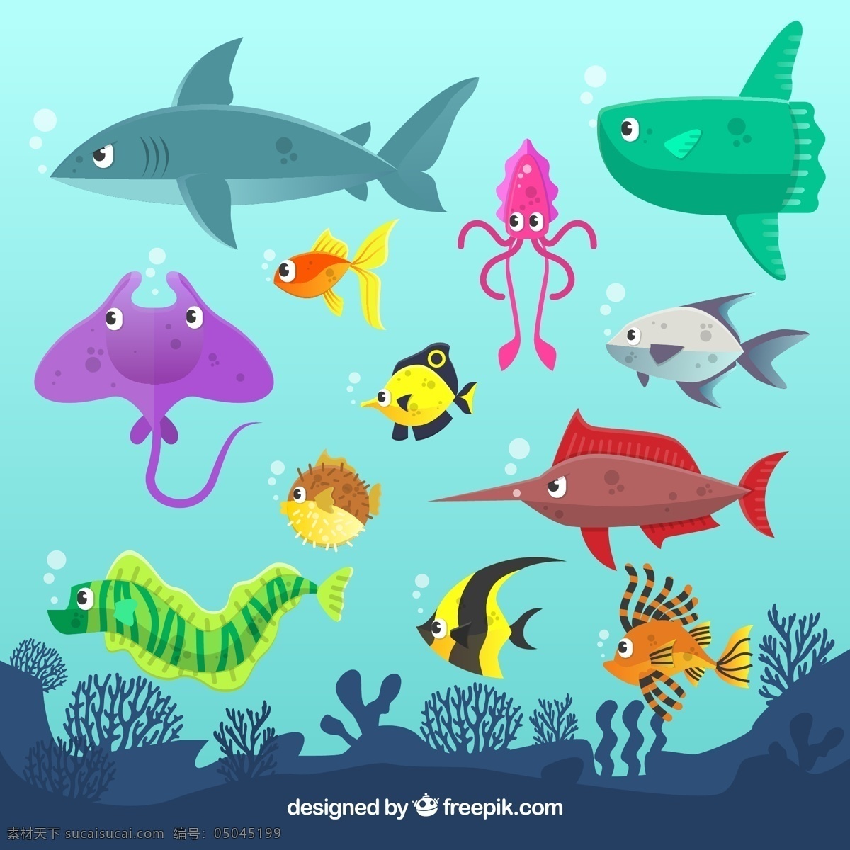 只 彩色 大海 中 海洋 动物 海底 瑶鱼 鲨鱼 鱿鱼 河豚 海鳗 蝴蝶鱼 水草 鱼 珊瑚 标志图标 其他图标