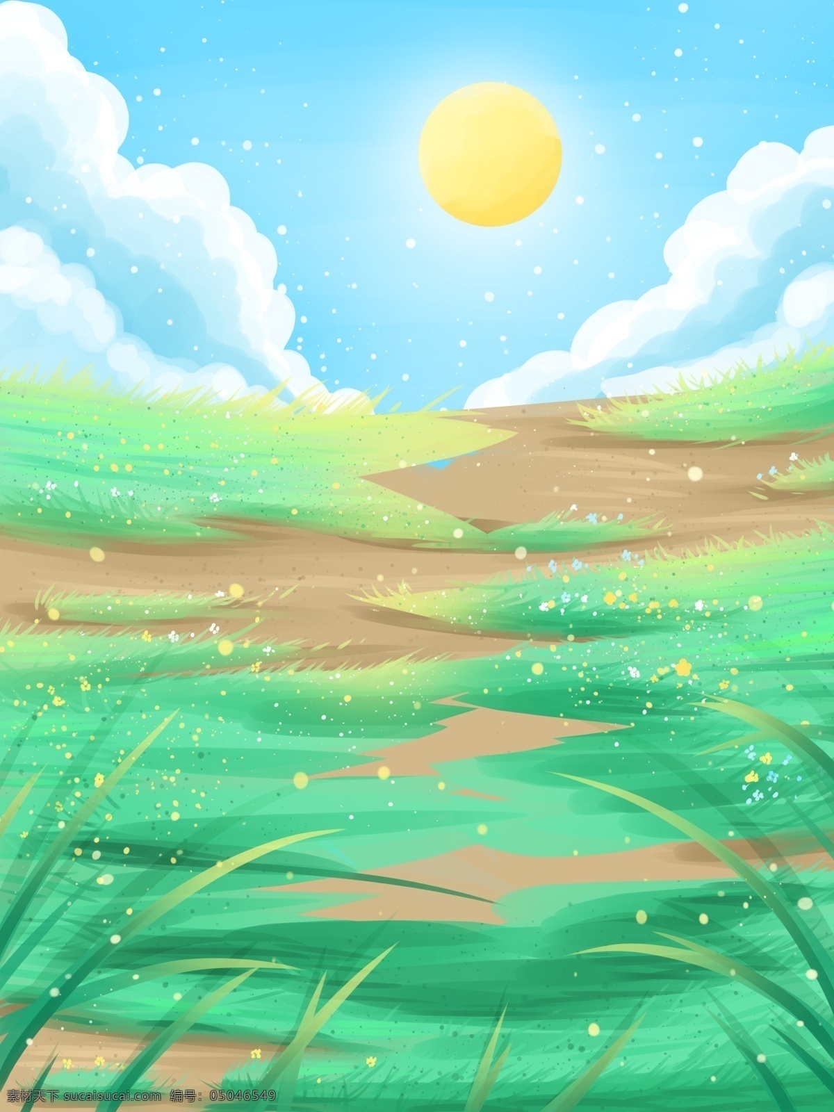 绿色 手绘 春天 风景 展板 背景 治愈系背景 插画背景 植物背景 树林背景 唯美 蓝天白云 草地背景